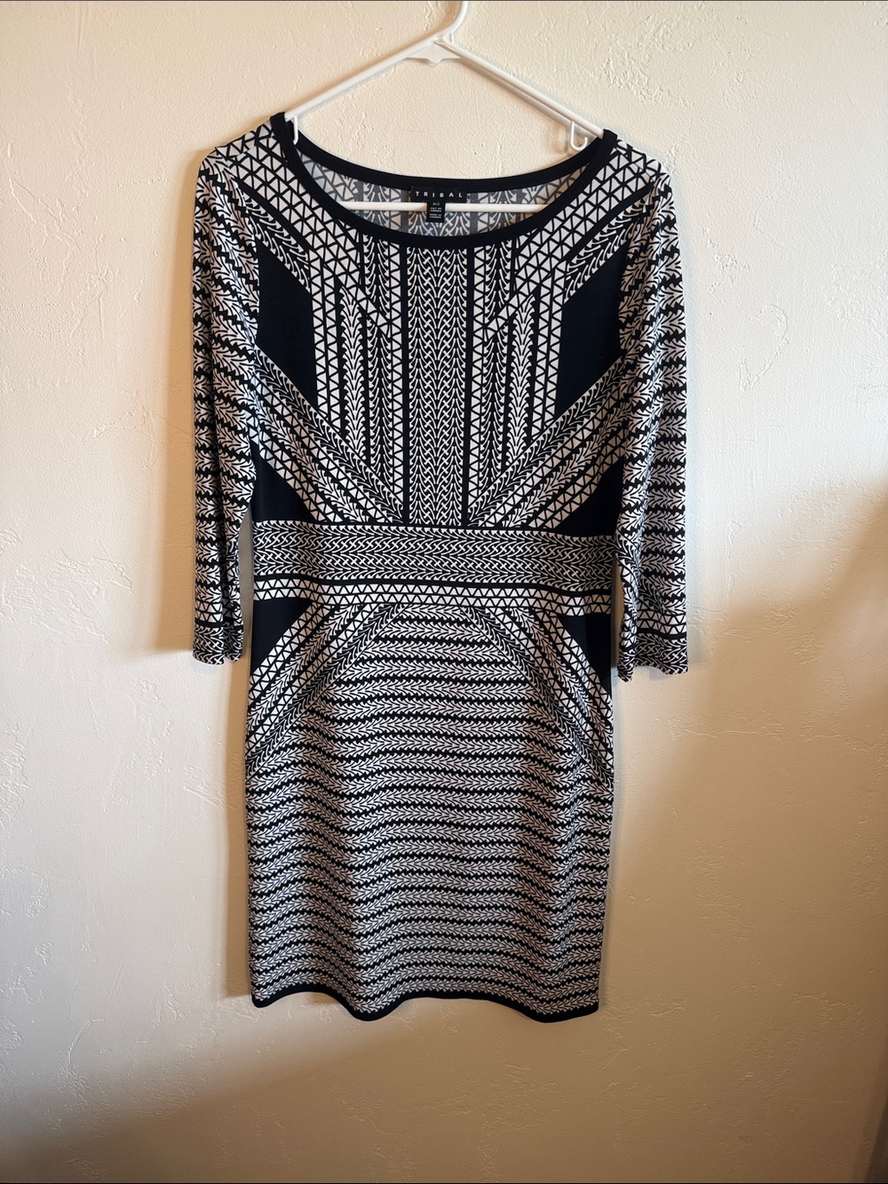 Tribal Black & White Geometric Long-Sleeve Sheath Dress